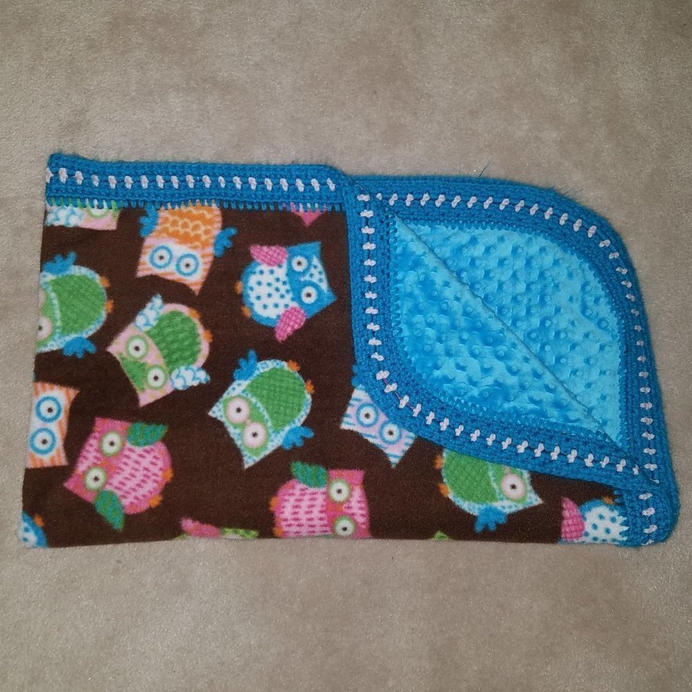 Brown Owls Baby Blanket Blue Minky Dot Crochet Trim Throw Lap Orange Blue Green